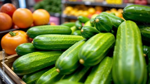 Fresh cucumber with water droplets and crisp green texture displayed in vibrant market, surrounded by healthy vegetables, perfect for salad, organic produce, and nutritious fresh grocery