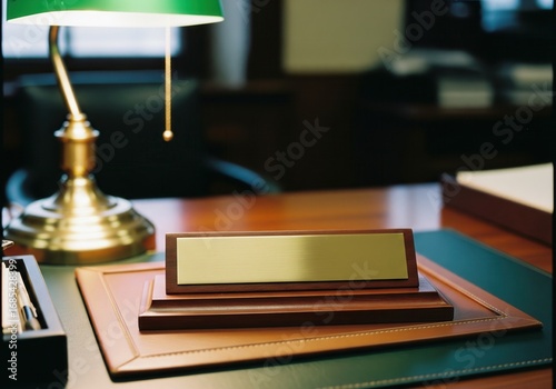 Blank nameplate on an executive office desk with a classic lamp