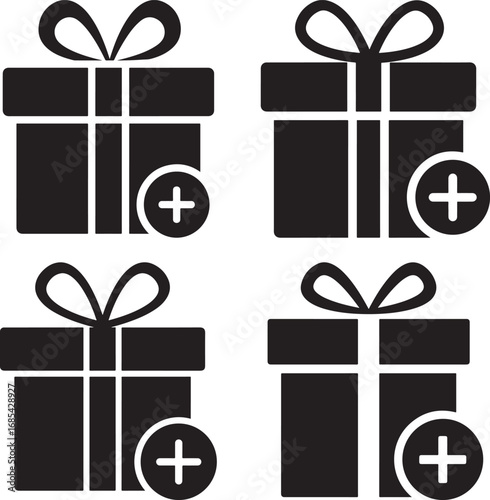 Four stylized gift boxes with plus signs in a silhouette style