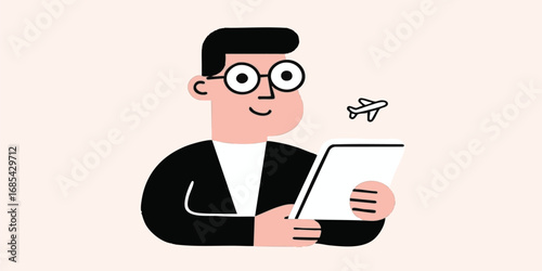 A smartly dressed individual, engrossed in a digital tablet, gazes with a hint of anticipation at a miniature airplane hovering nearby. This graphic illustration.