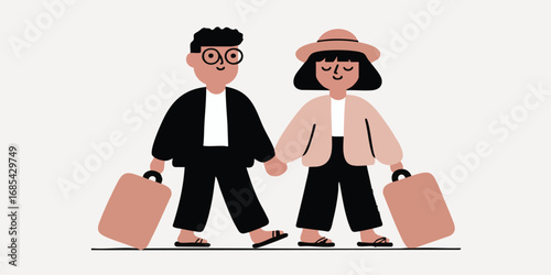 An adorable couple hand in hand, on an adventure with suitcases, showcasing a lighthearted journey of companionship and shared experience.