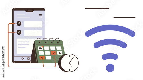 Smartphone with task checklist, calendar and clock, representing time management, with a prominent wireless icon. Ideal for productivity, scheduling, remote work, technology, connectivity
