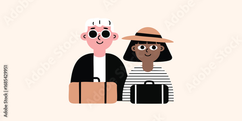 A delightful couple, embracing the joy of travel and the anticipation of new adventures, stand poised, ready to embark on their journey. They exude a sense of wanderlust. 