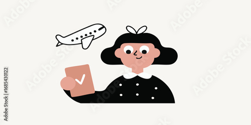A whimsical illustration of a cheerful young woman ready for travel, complete with an airplane and a passport, representing the anticipation of an upcoming journey.