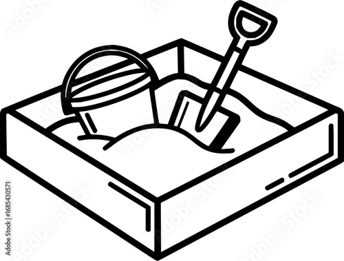 Black and white illustration of a sandbox with a shovel inside