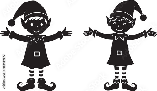 Two cheerful elves in silhouette with outstretched arms and festive hats silhouette