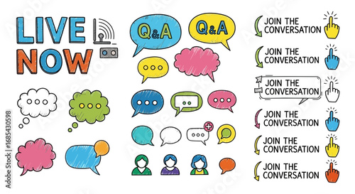 Live conversation now vector illustration with question and answer speech bubbles and people icons design