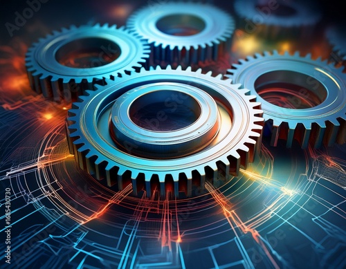 a series of interconnected gears each one turning to power the next the concept of workstreams driving productivity and process efficiency
