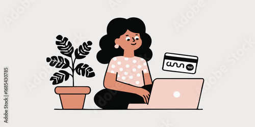 A woman effortlessly manages her online banking, seamlessly shopping online or managing finances using modern technology, alongside a potted plant for a touch of life.