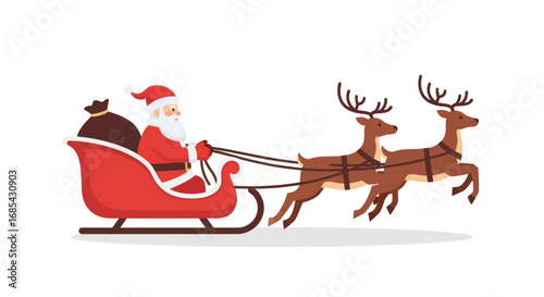 Santa Claus in red sleigh pulled by two flying reindeer.