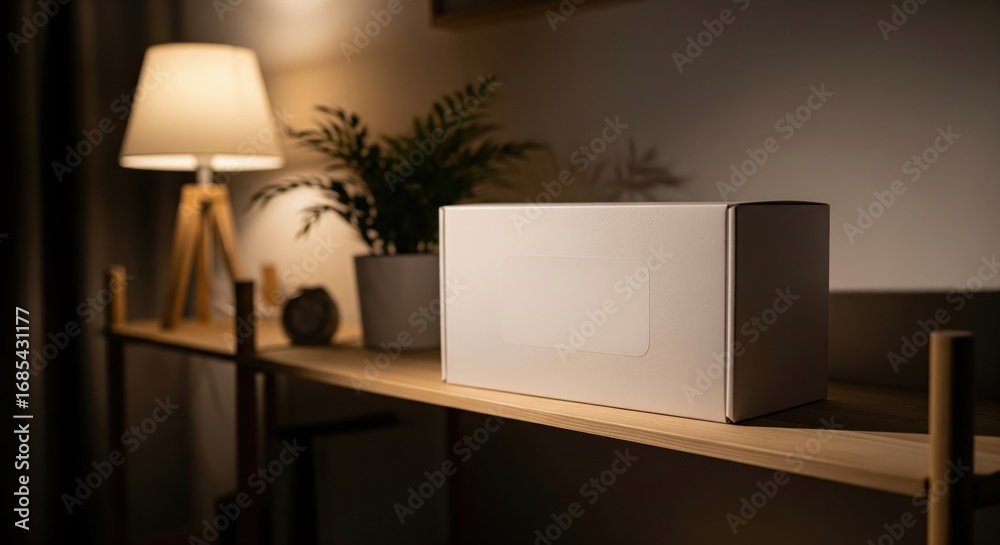 Fototapeta premium Blank white box mockup on a wooden shelf in a warm, cozy room.