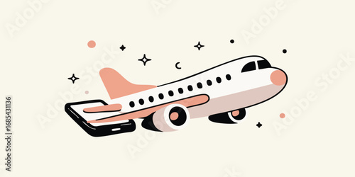 A whimsical illustration depicts an airplane emerging from a smartphone, symbolizing modern travel and technological integration. The image is designed with clean lines and playful elements.