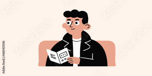 A young man, engrossed in a book, leans back in a chair, his demeanor conveying both intrigue and tranquility, symbolizing a moment of peaceful leisure.