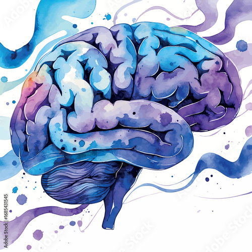 Abstract watercolor brain with colorful thought patterns. Psychology concept illustration showing mental health with blue and purple gradients.