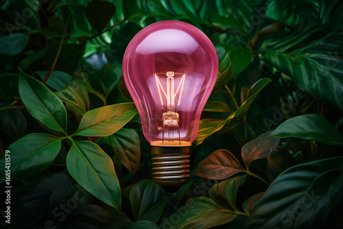Glowing light bulbs amidst lush green and pink leaves