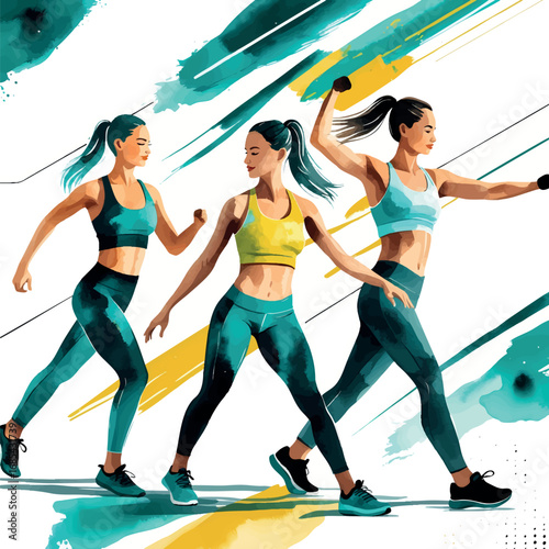Abstract watercolor group fitness class in teal and yellow. Dynamic community exercise illustration isolated on white background