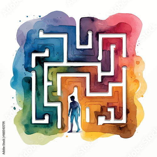 Abstract Watercolor Maze with Pathfinding Figure. Problem-Solving and Strategic Challenge Visualization with Contrasting Colors.