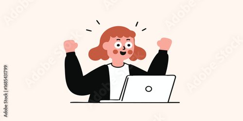A triumphant illustration captures the spirit of achievement as a female celebrates success, embracing the modern world of business and technology.