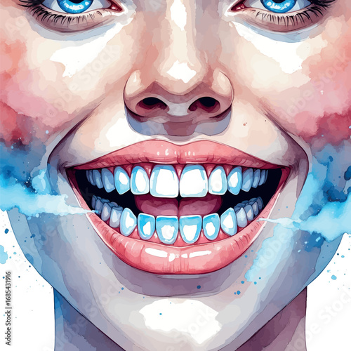 Abstract watercolor representation of radiant smile after teeth whitening. Dental beauty concept with bright teeth and blue aura effect.