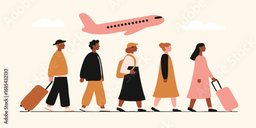 Embark on a journey with a diverse group of travelers, each person carrying their luggage as they anticipate their next adventure, highlighted by an illustration of an aircraft overhead.
