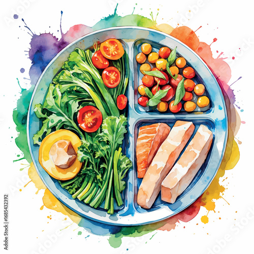Artistic watercolor representation of healthy meal plate. Vibrant vegetables and lean protein in splash of colors circular composition.