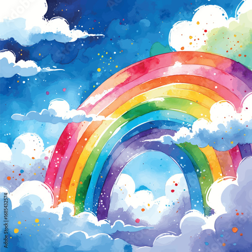 Cheerful Watercolor Rainbow with Fluffy Clouds. Vibrant Spectrum Colors Creating Happy Sky Scene with Playful Brush Splashes.