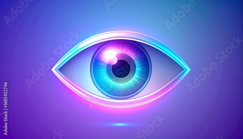 Captivating abstract eye in brilliant neon light, embodying the essence of artificial intelligence, surveillance, and digital presence