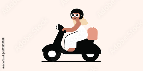 An animated scene of a person enjoying a scooter ride in the town. Perfect for travel and leisure concepts, showing fun, journey and adventure!