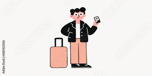 A stylish traveler is ready for departure, holding a mobile boarding pass next to their luggage, a modern, graphic depiction of the journey ahead.