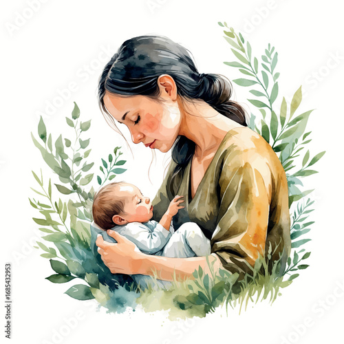 Nurturing Wildlife Watercolor Scene. Animal Mother with Baby in Earthy Natural Tones Illustrating Maternal Care in Nature Concept.