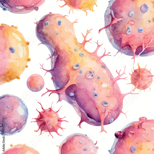 Adipose tissue cells watercolor illustration. Scientific microscopic view of fat cells in soft pink and yellow hues. Medical educational concept isolated on white.
