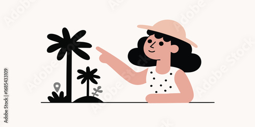 A cheerful traveler points towards the exotic location, showcasing the beauty of nature and destination.