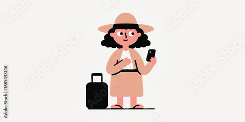 A well-dressed female traveler cheerfully engages with her phone, and is accompanied by luggage, symbolizing her upcoming adventure and excitement for her journey.