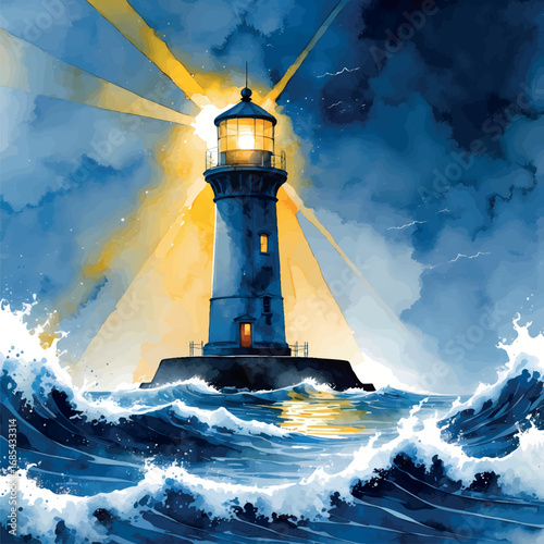 Steadfast lighthouse against stormy sea watercolor illustration. Determination concept with beam of light cutting through darkness in dramatic blue tones.