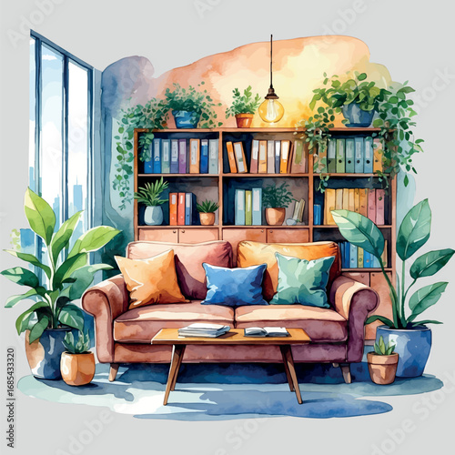 Delicate watercolor scene of cozy psychological practice office. Professional therapy space with comfortable couch and warm atmosphere.