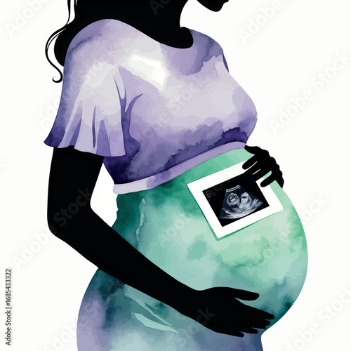 Delicate watercolor pregnant belly silhouette with ultrasound window. Maternal illustration in soft lavender and mint green tones.