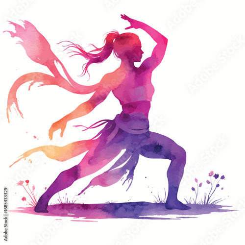 Delicate watercolor warrior pose yoga silhouette in sunset colors. Artistic expression of strength and grace isolated on white