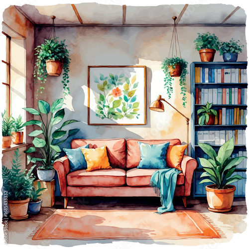 Delicate watercolor scene of cozy psychological practice office. Professional therapy space with comfortable couch and warm atmosphere.