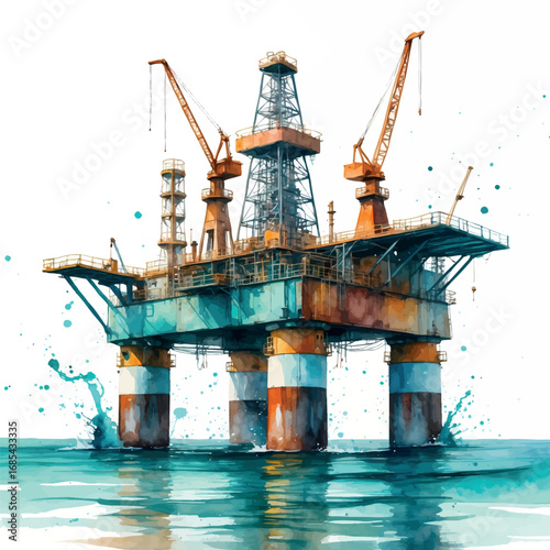 Oil Rig Platform Ocean Watercolor. Energy Industry Illustration in Pastel Blues and Teals with Splashed Water Effect for Corporate Art