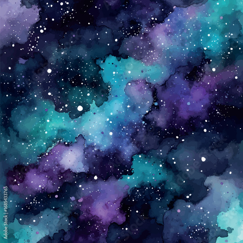 Dreamy Purple and Teal Watercolor Galaxy Background. Cosmic Nebula Effect with White Speckles, Isolated on White