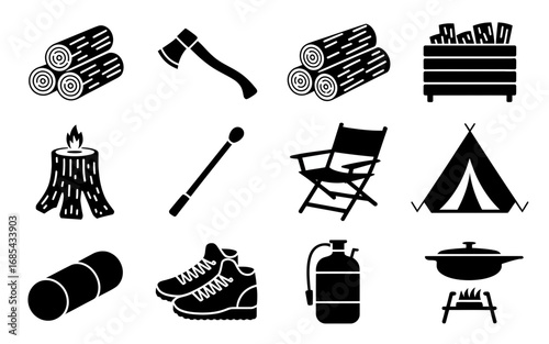 Pack of 12 camping and outdoor activity vector icons for recreational adventures vector