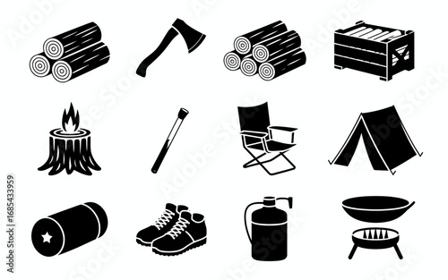 Set of 12 outdoor camping and lumberjack vector icons scalable eps illustration vector