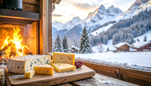 Cheese Board by Fireplace with Snowy Mountain View