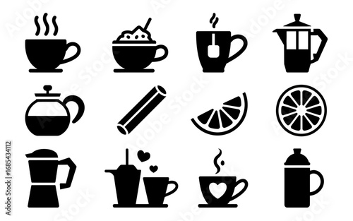 Vector icons pack of 12 steaming mugs coffee tea pots and citrus slices scalable illustration vector