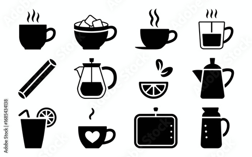 Set of 12 vector icons steaming mug hot beverage coffee tea cup pot drink elements vector