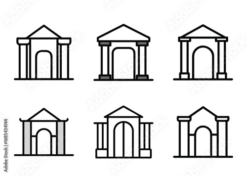 Six unique building structures with columns and peaked roofs set in a row