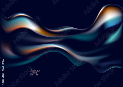 3D glass liquid shapes. Colorful iridescent waves on dark background. Abstract vector form.