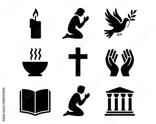 Diverse set of black and white religious icons and symbols in vector graphics format vector
