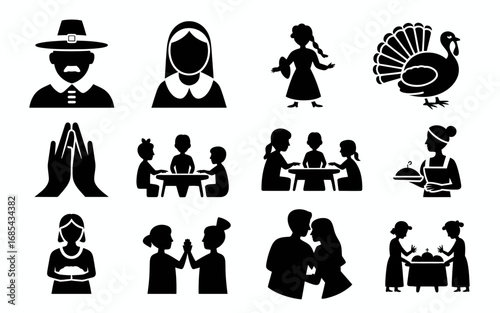 Set of 12 vector icons illustrating thanksgiving pilgrims family and turkey for holiday celebration vector