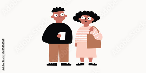 An illustration depicting a cheerful pair, a young man and woman, each of whom appears to be holding items against a neutral canvas, creating a minimalistic and clean look.